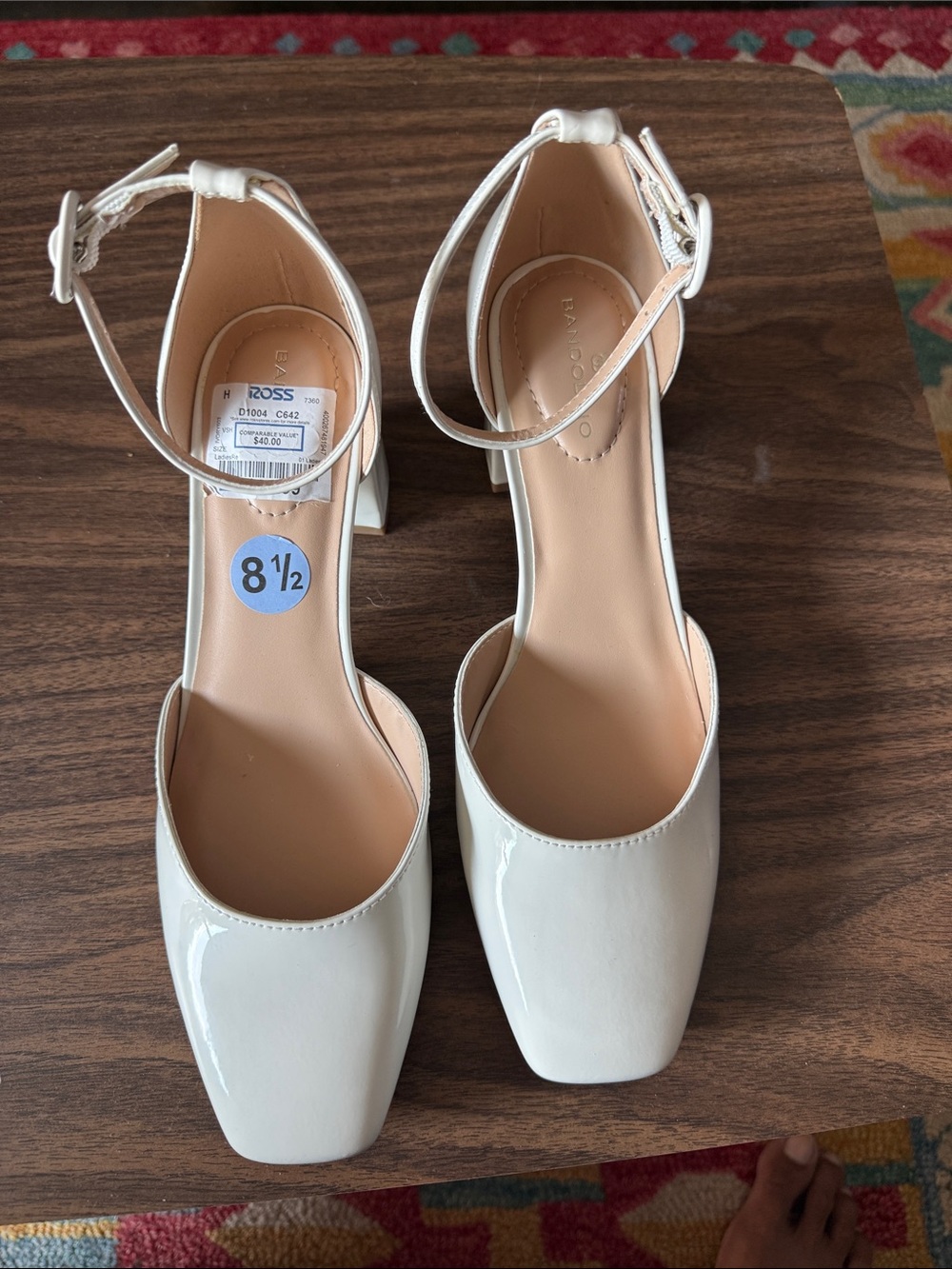 Bandolino White Patent Ankle-Strap Square Toe Block Heels